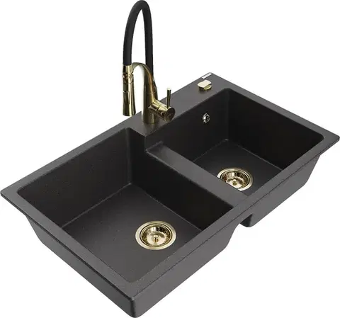 Kuchynské drezy MEXEN/S MEXEN/S - Tomas granitový drez 2-bowl vrátane batérie Aster, čierna kropenatá 6516-76-73450-57-G