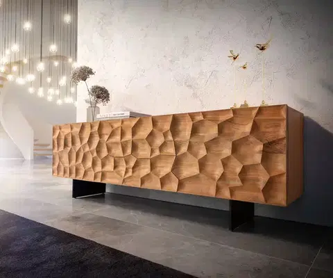 Televízne stolíky DELIFE TV stolík Solu 175 cm akácia prírodná 2 dvierka 2 zásuvky závesná kovová podstava čierna 3D čelá