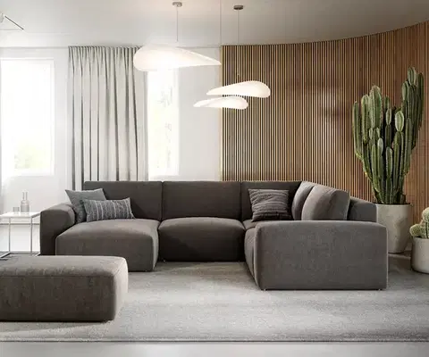 Sedacie súpravy XL DELIFE Pohovka v tvare U Lanzo 300x210 cm mikrovlákno khaki-hnedá variabilné ležadlo s taburetom
