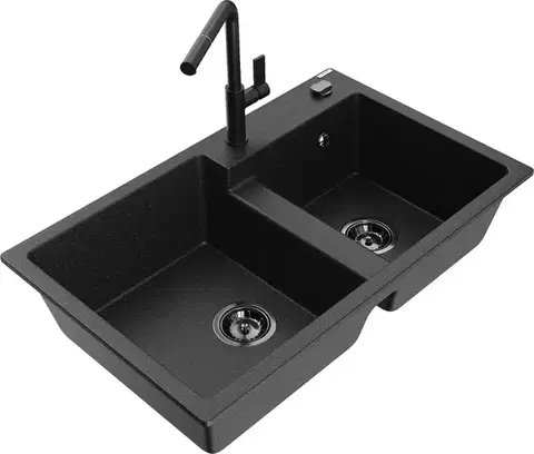 Kuchynské drezy MEXEN/S MEXEN/S - Tomas granitový drez 2-bowl vrátane batérie Flora, čierna/srebrny metalik 6516-73-670401-70-B
