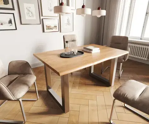 Jedálenské stoly DELIFE Jedálenský stôl Edge 140x90 akácia prírodná nerezová oceľ široký Live-Edge