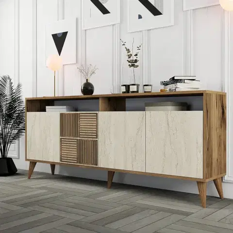 Komody Konzolový stolík / Komoda Milan - Walnut, Travertine