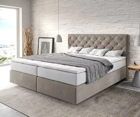 Postele Boxspring DELIFE Boxspring posteľ Dream-Great 180×200 cm mikrovlákno béžová s vreckovou pružinovou matracou a visco topperom