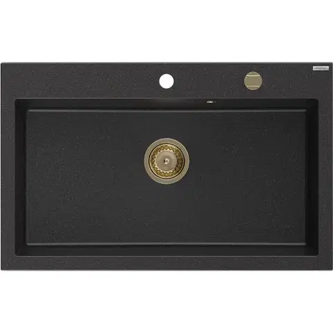 Kuchynské drezy MEXEN/S MEXEN/S - Elix granitový drez 1-miska 800 x 500 mm, čierna/strieborná metalík, sifón zlatá 6527801005-73-G