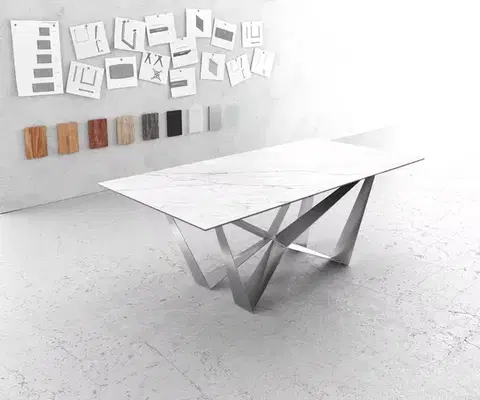 Jedálenské stoly DELIFE Jedálenský stôl Edge 200x100 cm keramika Laminam® Statuarietto biela Spider plochá nerezová oceľ
