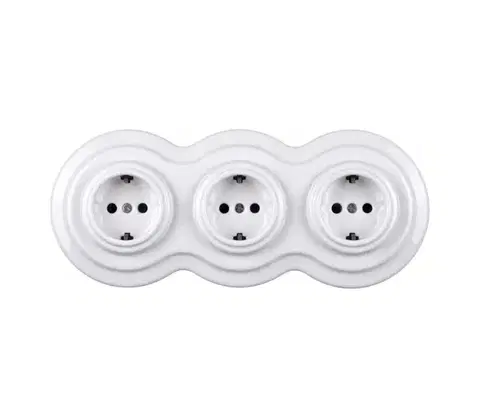 Predlžovacie káble Elhard - Biela trojitá keramická retro domová zásuvka s rámikom SCHUKO 230V EF0093+3xEF0087