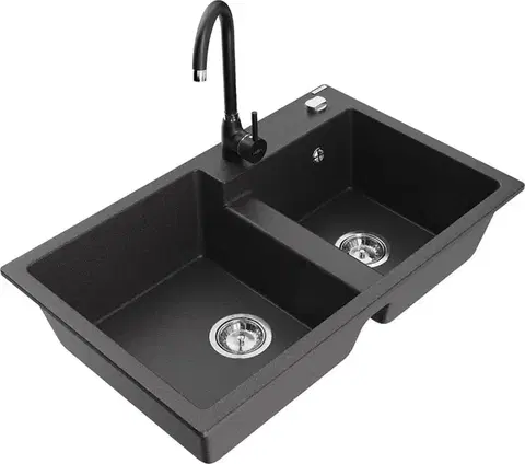 Kuchynské drezy MEXEN/S MEXEN/S - Tomas granitový drez 2-bowl vrátane batérie Telma, čierna kropenatá 6516-76-670200-70