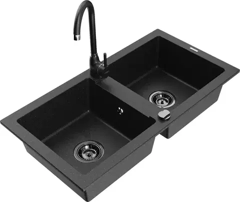 Kuchynské drezy MEXEN/S MEXEN/S - Mario granitový drez 2-bowl vrátane batérie Telma, čierna/strieborná 6504-73-670200-70-B