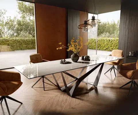 Jedálenské stoly DELIFE Jedálenský stôl Edge 300×100 cm keramika onyx šampanské pavúk plochá oceľ nerezová oceľ grafitová