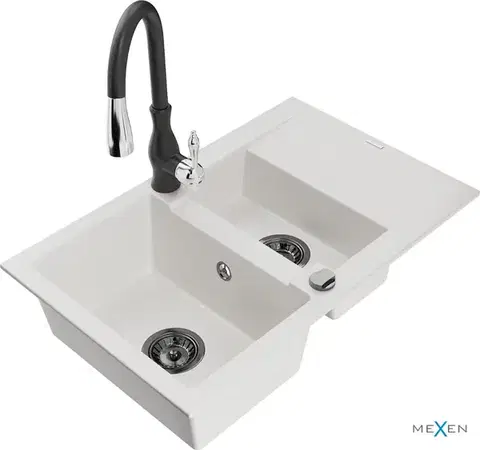 Kuchynské drezy MEXEN/S MEXEN/S - Gaspar granitový drez 1.5 s odkvapkávačom vrátane batérie Savita, biela 6507-20-672601-70
