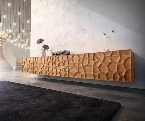 Televízne stolíky DELIFE TV stolík Solu 260 cm akácia prírodná 2 dvierka 6 zásuviek závesný 3D čelo