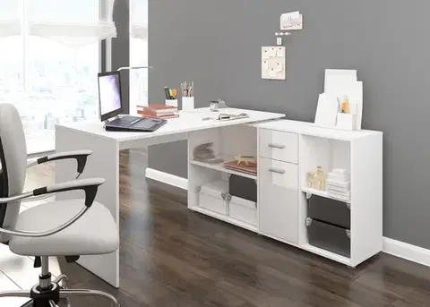 Písacie a pracovné stoly MEBLOCROSS Beat P rohový písací stôl biela / biely lesk