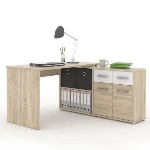 Písacie a pracovné stoly KONDELA Rafael New rohový pc stolík dub sonoma / biela