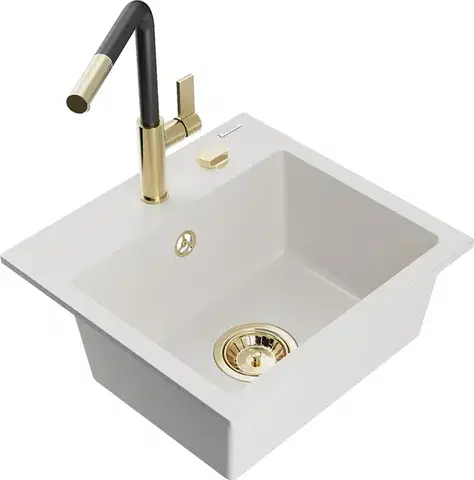 Kuchynské drezy MEXEN/S MEXEN/S - Milo granitový drez 1-miska vrátane batérie Flora, biela 6505-20-670401-57-G