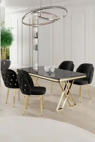 Jedálenské sety Dining Table & Chairs Set (5 Pieces) Rigel - Black Marble, Gold, Black