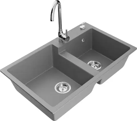 Kuchynské drezy MEXEN/S MEXEN/S - Tomas granitový drez 2-bowl vrátane batérie Telma, šedá 6516-71-670200-00