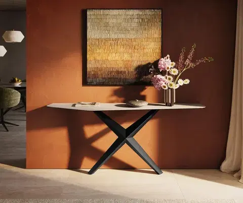 Konzolové stolíky DELIFE Konzolový stolík Edge polygonálny 180×50 cm keramika Laminam® Travertino Bianco krémovo biela Zentharo kov čierna