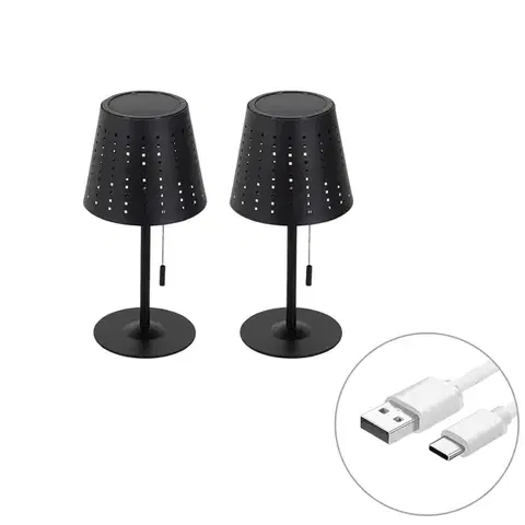 Lampy Sada 2 stolných lamp čiernych vrátane LED 3-stupňového stmievača dobíjateľnej a solárnej - Ferre