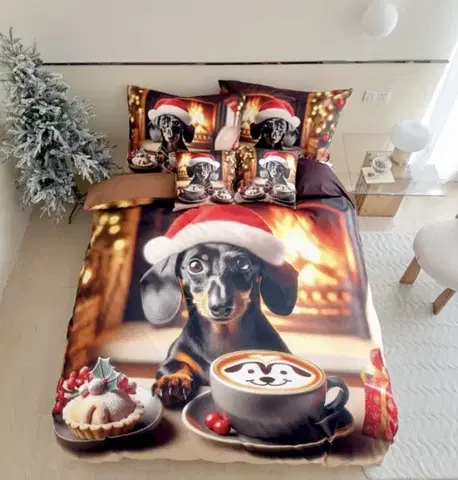 Obliečky 3 dielne Vianočné Flanelové obliečky 3D polycotton Christmas Dogs 200x140cm+90x70cm TiaHome