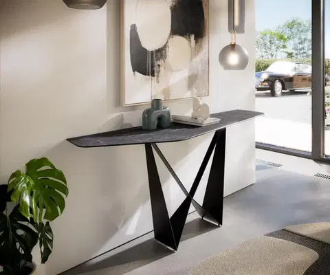 Konzolové stolíky DELIFE Konzolový stolík Edge polygonálny 180×50 cm keramika Laminam® Nero Greco antracitová Spios kov čierna