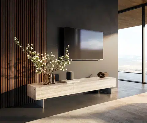 Televízne stolíky DELIFE TV stolík Cuor 200 cm keramika Laminam® Travertino Bianco krémovo biela 1 výklopné dvierka 1 zásuvka podstava závesná nerezová oceľ