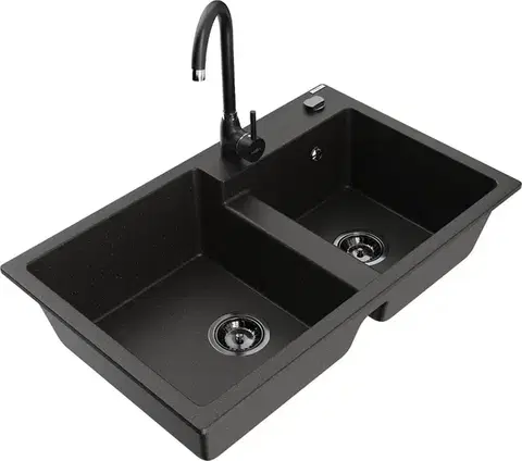 Kuchynské drezy MEXEN/S MEXEN/S - Tomas granitový drez 2-bowl vrátane batérie Telma, čierna/zlatá metalik 6516-75-670200-70-B