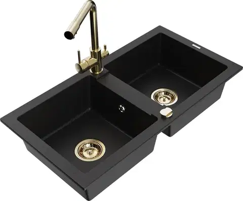 Kuchynské drezy MEXEN/S MEXEN/S - Mario granitový drez 2-bowl vrátane batérie Duero, čierna 6504-77-671600-50