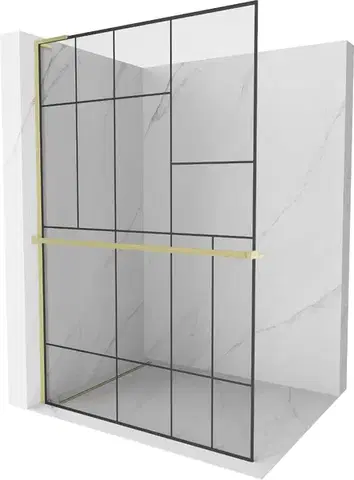 Sprchové dvere MEXEN/S - Kioto+ L Sprchová zástena WALK-IN s poličkou a držiakom uterákov 80 x 200, čierny vzor, zlatá kartáčovaná 800-080-123-55-78