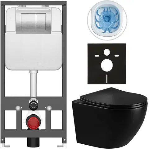 Záchody CERANO - Kompletný WC set Basic/Cesso - čierna lesklá - WC tlačidlo Maxio/Strieborná - závesné - predstenová inštalácia - 49x36 CER-8050BD86313