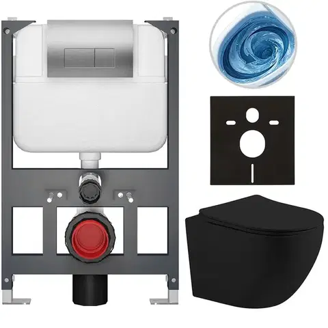 Záchody CERANO - Kompletný WC set Basic/Cesso - čierna matná - WC tlačidlo Modulo/Strieborná - závesné - nízky modul - predstenová inštalácia - 49x36 CER-8050BD86239