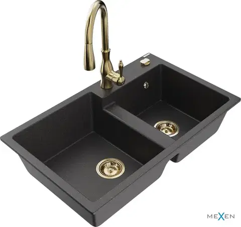 Kuchynské drezy MEXEN/S MEXEN/S - Tomas granitový drez 2-bowl vrátane batérie Savita, čierna kropenatá 6516-76-672601-50