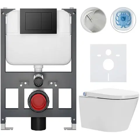 Záchody CERANO - Závesné WC s bidetom Basic/Cronus Standard - biela lesklá - WC tlačidlo Maxio/Čierna - závesné - nízky modul - predstenová inštalácia - 59,3x38,4 CER-8050BD86444