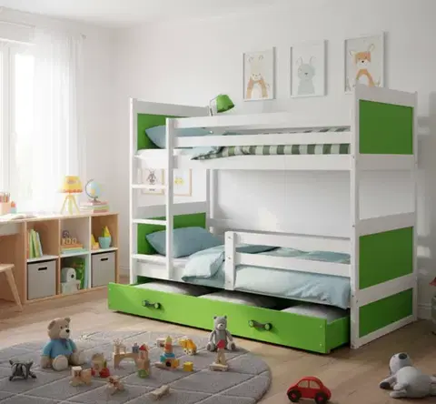 Postele BMS Detská poschodová posteľ RICO 3 s úložným priestorom  | 160x80 cm | biela/zelená