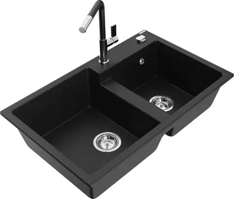 Kuchynské drezy MEXEN/S MEXEN/S - Tomas granitový drez 2-bowl vrátane batérie Flora, čierna 6516-77-670401-07