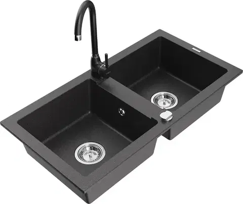 Kuchynské drezy MEXEN/S MEXEN/S - Mario granitový drez 2-bowl vrátane batérie Telma, čierna kropenatá 6504-76-670200-70