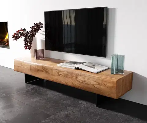 Televízne stolíky DELIFE TV stolík New Live-Edge 175 cm akácia prírodná 4 dvierka závesná kov čierna