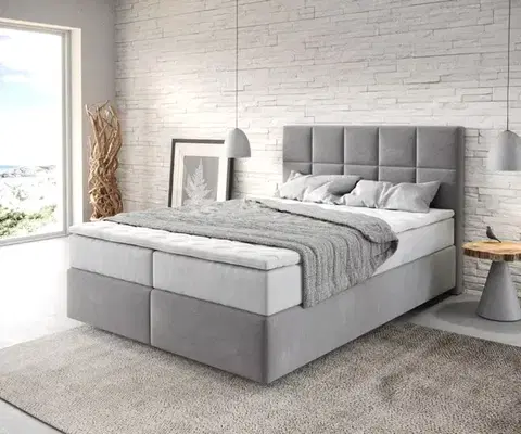 Postele Boxspring DELIFE Boxspring posteľ Dream-Fine 140x200 cm mikrovlákno sivá s vreckovou pružinovou matracou a visco topperom