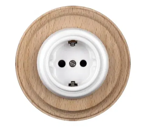 Predlžovacie káble Elhard - Keramická retro domová zásuvka so rámčekom SCHUKO 230V biela/drevo EF0095+EF0087
