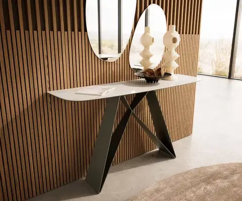 Konzolové stolíky DELIFE Konzolový stolík Edge zaoblený tvar 140×40 cm keramika onyx šampanské Velio kov titánová farba