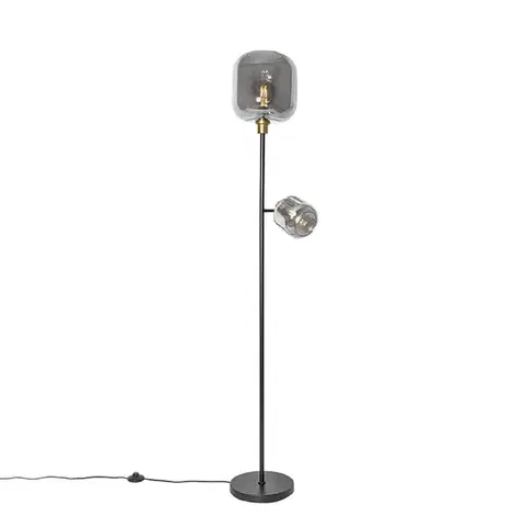 Stojace lampy Stojaca lampa čierna so zlatom s dymovým sklom 2-svetlo - Zuzanna
