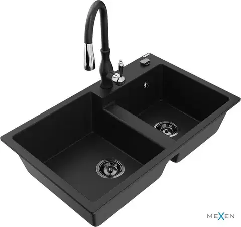 Kuchynské drezy MEXEN/S MEXEN/S - Tomas granitový drez 2-bowl vrátane batérie Savita, čierna 6516-77-672601-70-B