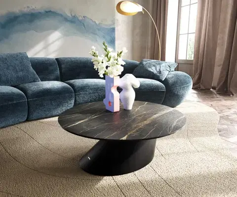 Konferenčné stolíky DELIFE Konferenčný stolík Edge okrúhly 90x90 cm keramika Laminam® Noir Desir hnedá Conis kov čierna