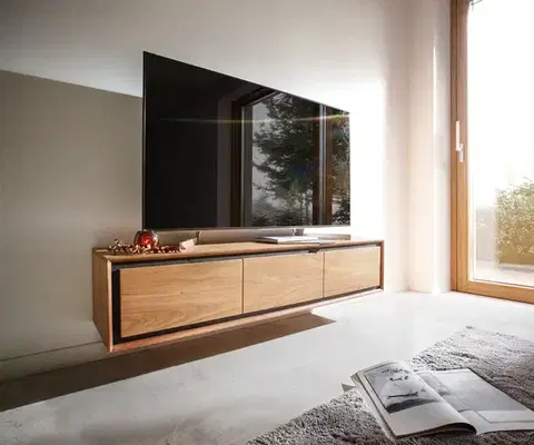 Televízne stolíky DELIFE TV stolík Stonegrace 145 cm akácia prírodná 3 dvierka kamenná dyha závesný