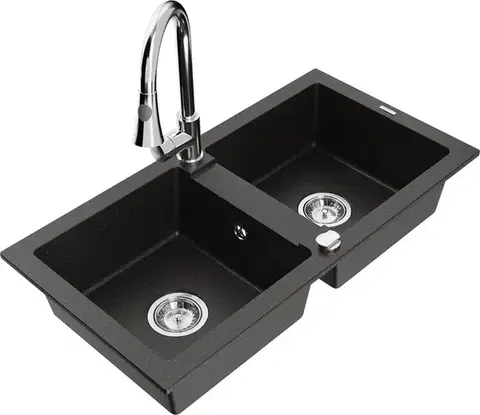 Kuchynské drezy MEXEN/S MEXEN/S - Mario granitový drez 2-bowl vrátane batérie Elia, čierna/zlatá metalik 6504-75-670101-00