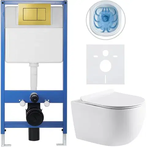 Záchody CERANO - Kompletný podomietkový WC set Lite/Felci - biela lesklá - WC tlačidlo Classic, zlatá - predstenová inštalácia/sadrokartón - 52,5x36 CER-318231