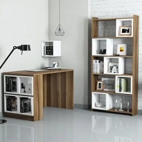 Písacie stoly Písací stôl s knižnicou Box - Walnut, White