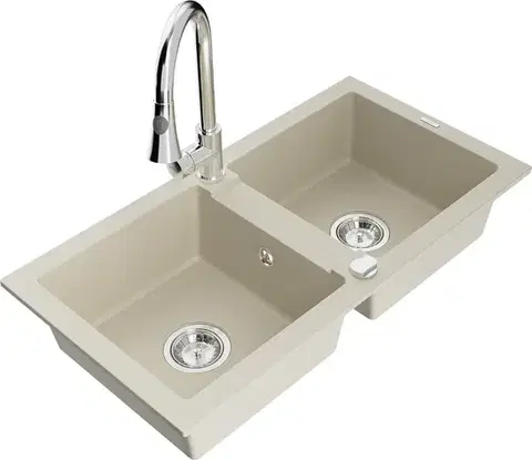 Kuchynské drezy MEXEN/S MEXEN/S - Mario granitový drez 2-bowl vrátane batérie Elia, béžová 6504-69-670101-00