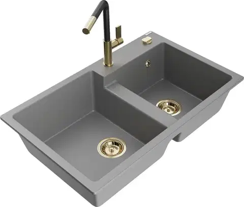 Kuchynské drezy MEXEN/S MEXEN/S - Tomas granitový drez 2-bowl vrátane batérie Flora, šedá 6516-71-670401-57-G