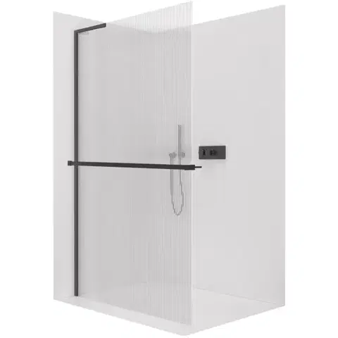 Sprchové dvere CERANO - Sprchová zástena Walk-in Onyx L-ľavá vzpera - 8 mm + polička/držiak na uteráky - čierna matná, ryhované sklo - 90x200 CER-8050BD839