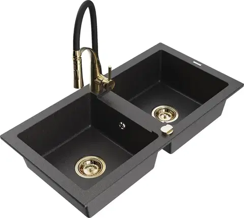 Kuchynské drezy MEXEN/S MEXEN/S - Mario granitový drez 2-bowl vrátane batérie Aster, čierna kropenatá 6504-76-73450-57-G